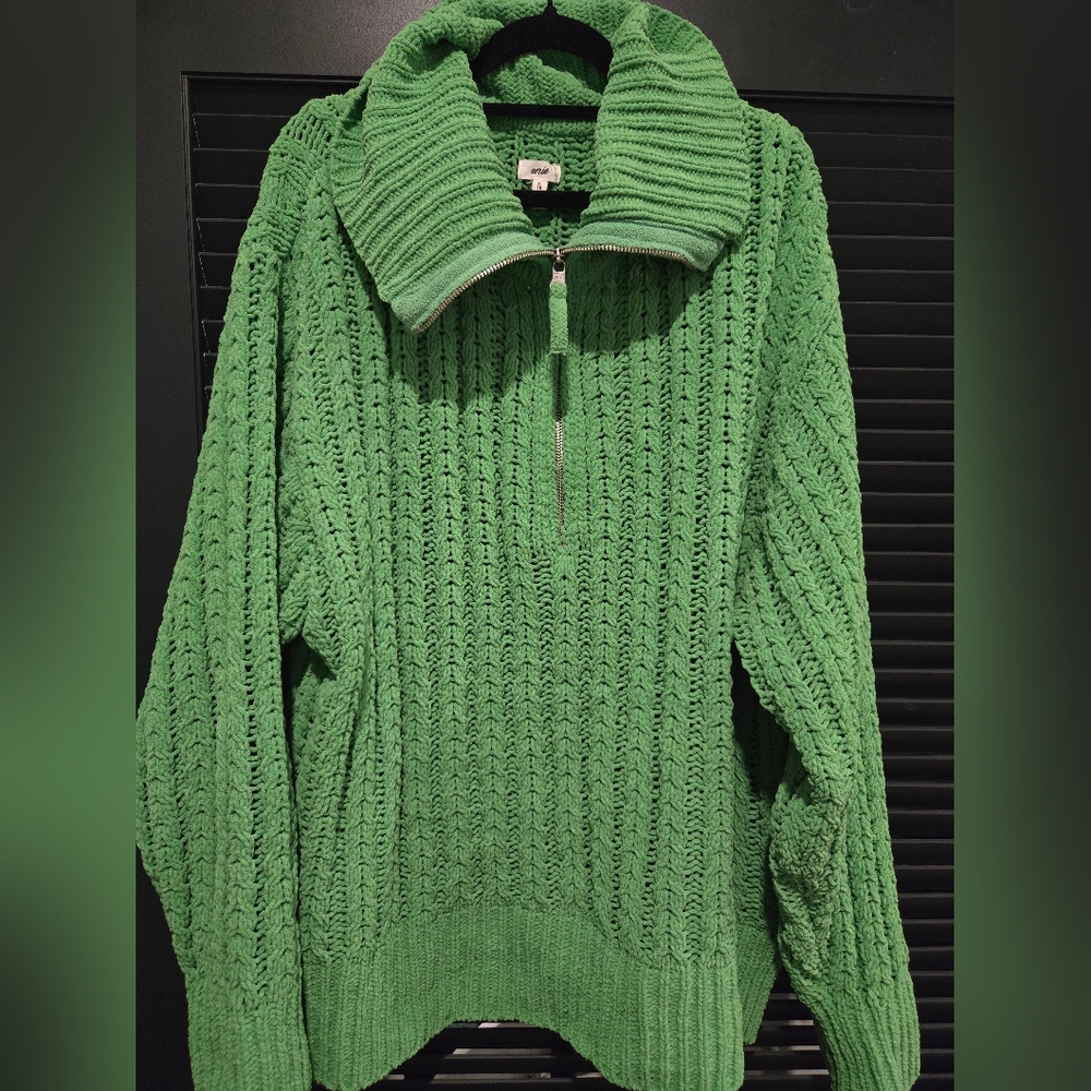 Green Cable Knit Sweater with Zip Collar Arie XL Nwot Oversized Boxy Fit